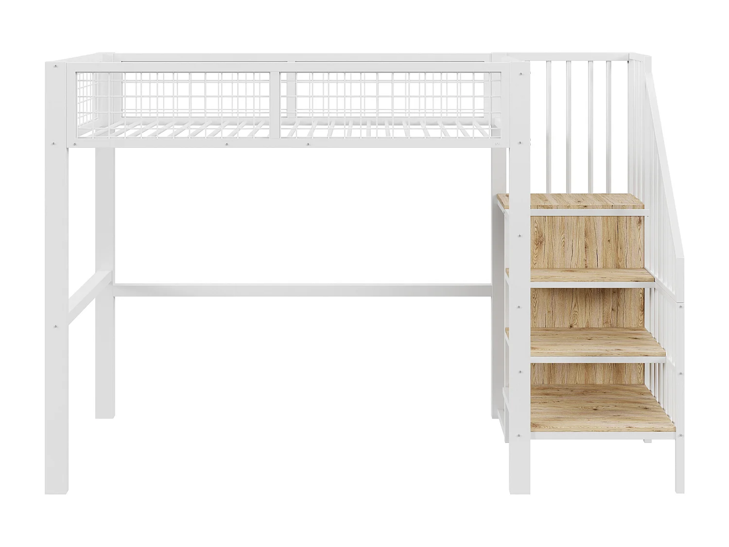 Hochbett 90 x 200 cm – mit Regalen und Lattenrost – weißes Metall – Matratze nicht enthalten