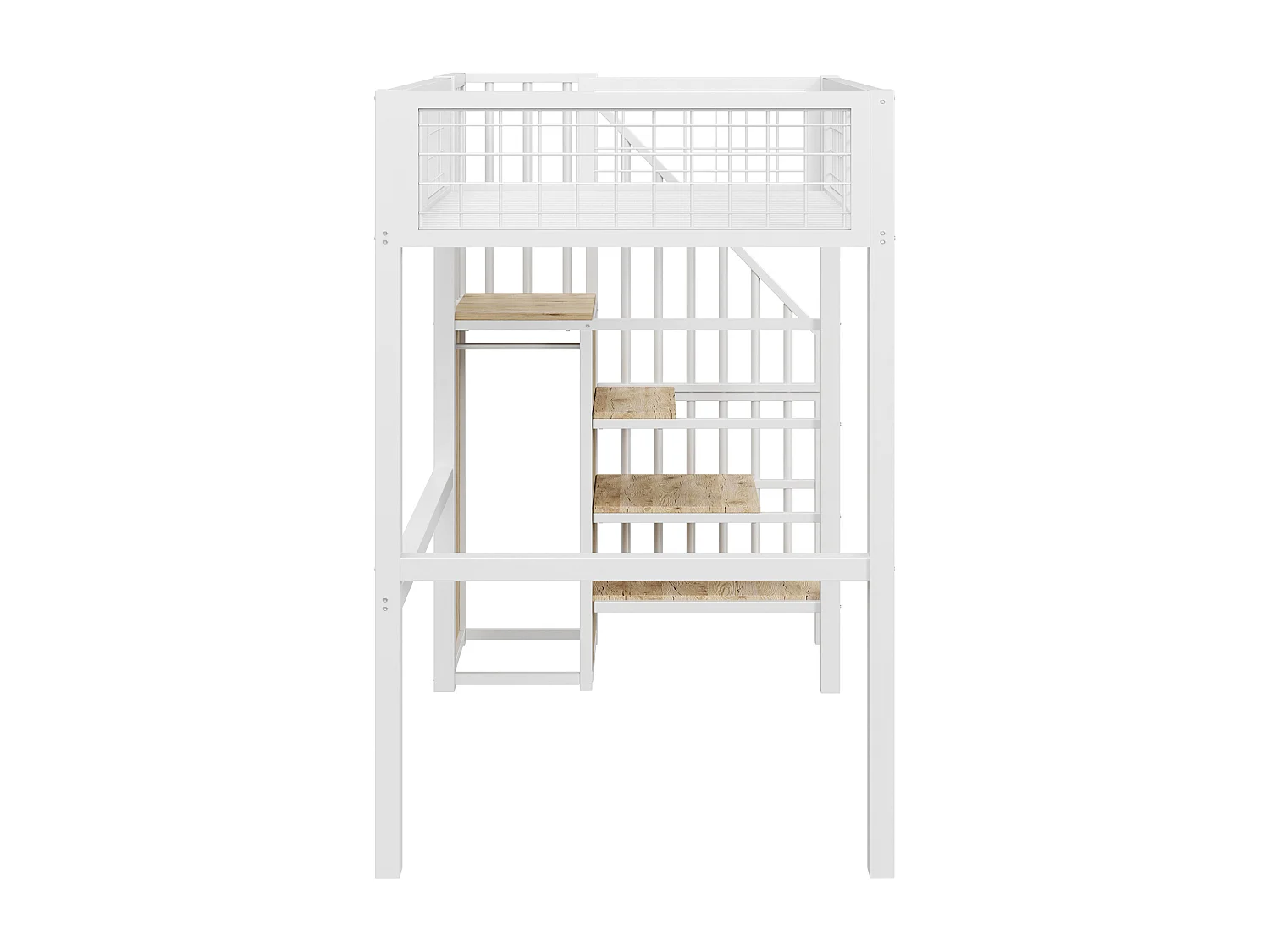 Hochbett 90 x 200 cm – mit Regalen und Lattenrost – weißes Metall – Matratze nicht enthalten