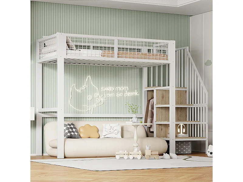 Hochbett 90 x 200 cm – mit Regalen und Lattenrost – weißes Metall – Matratze nicht enthalten