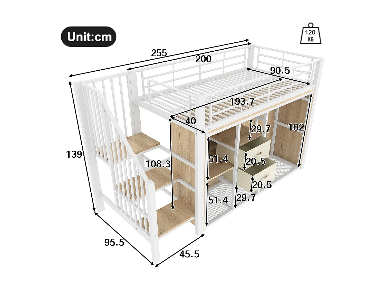 Hochbett 90x200 cm – Kinderbett mit 2 Schubladen und offenem Stauraum – weißes Metall – Matratze nicht enthalten