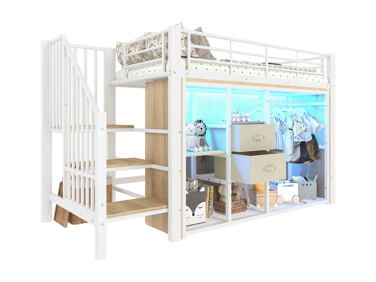 Hochbett 90x200 cm – Kinderbett mit 2 Schubladen und offenem Stauraum – weißes Metall – Matratze nicht enthalten