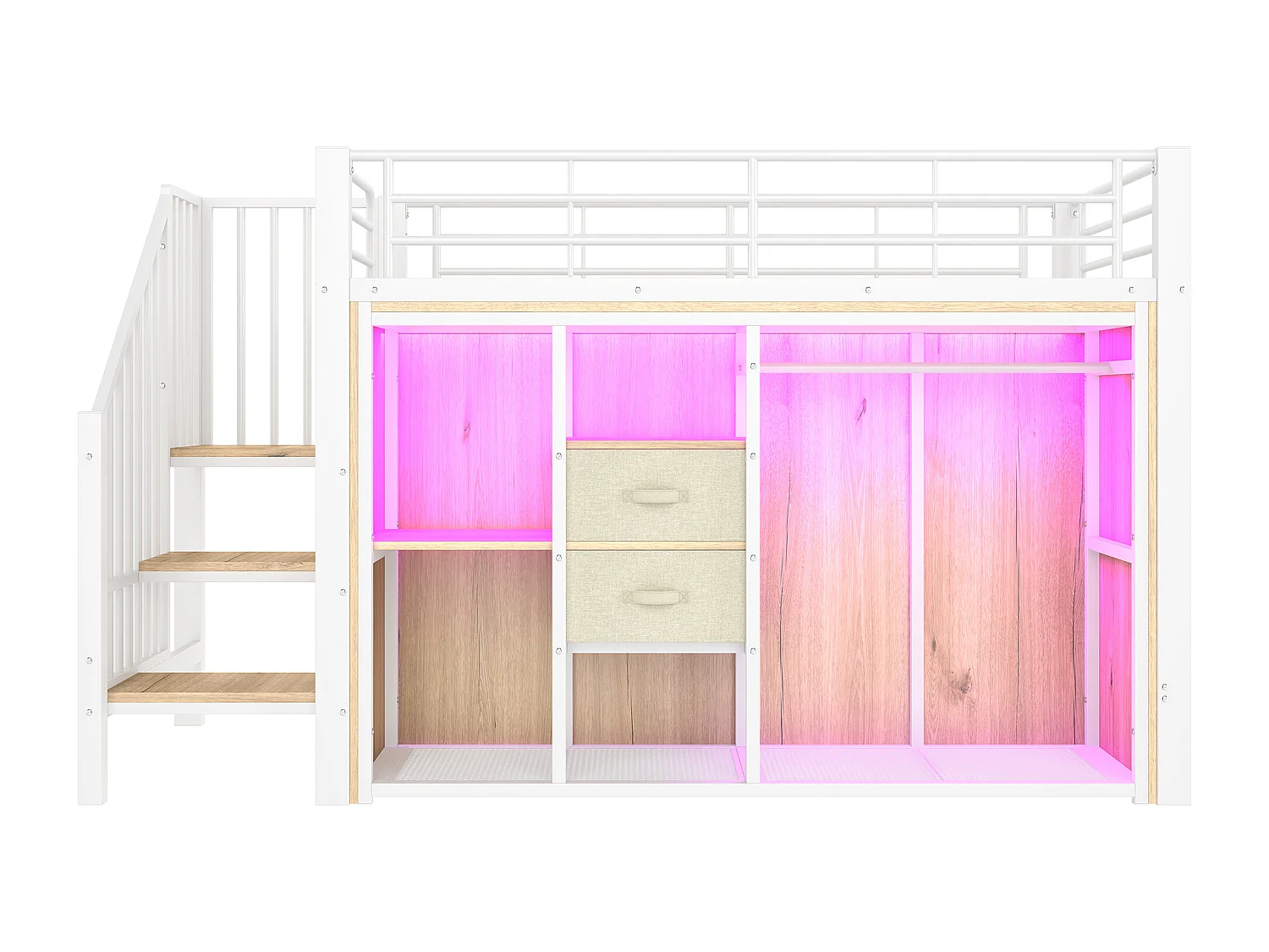 Hochbett 90x200 cm – Kinderbett mit 2 Schubladen und offenem Stauraum – weißes Metall – Matratze nicht enthalten