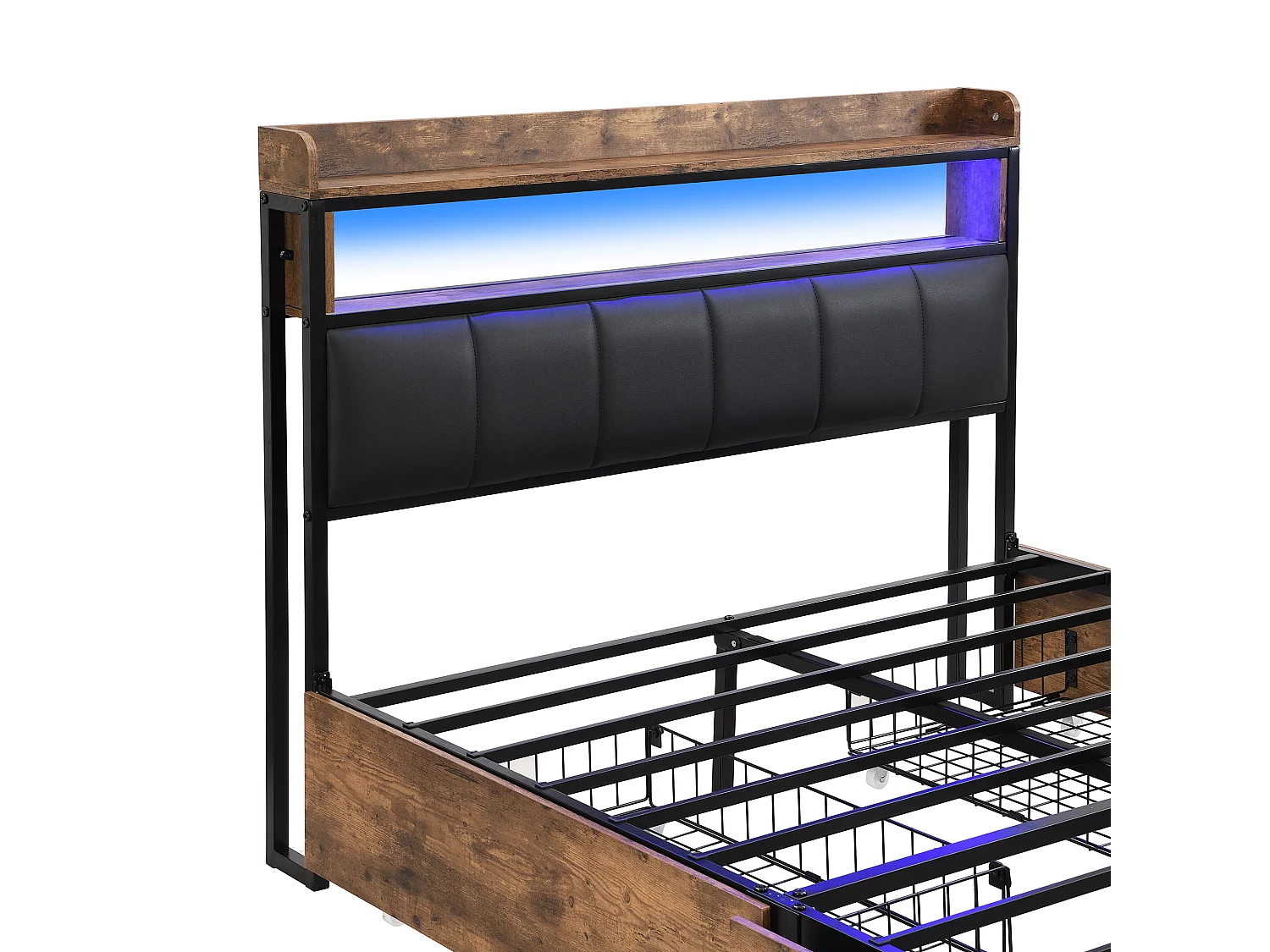 Lit adulte 140x200 cm - avec tête de lit avec éclairage LED, 4 tiroirs, étagère, sommier à lattes - noir