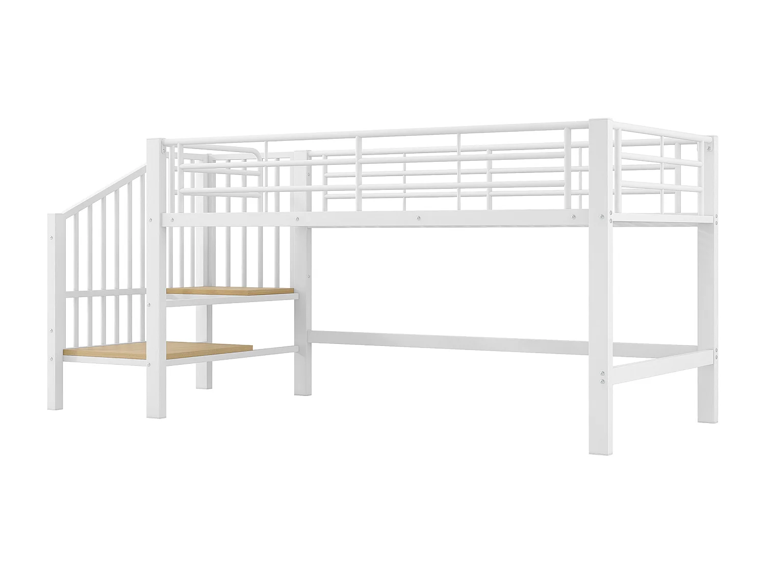 Hochbett 90x200 cm – Kinderbett mit Treppe und Schutzgitter, Lattenrost aus Metall – weiß – Matratze nicht enthalten