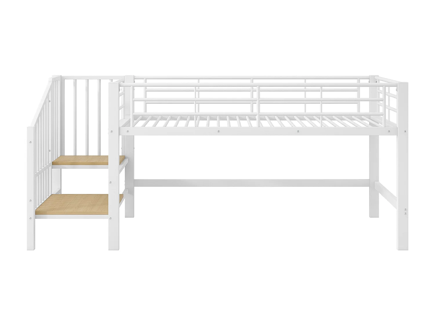 Hochbett 90x200 cm – Kinderbett mit Treppe und Schutzgitter, Lattenrost aus Metall – weiß – Matratze nicht enthalten