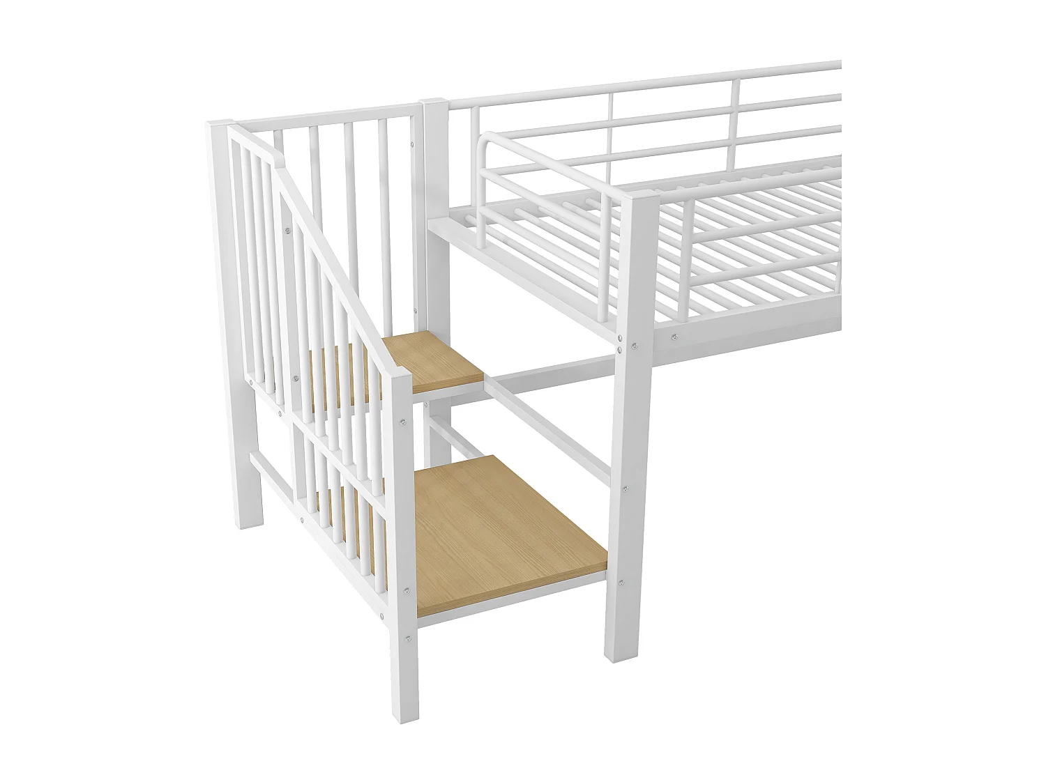 Hochbett 90x200 cm – Kinderbett mit Treppe und Schutzgitter, Lattenrost aus Metall – weiß – Matratze nicht enthalten