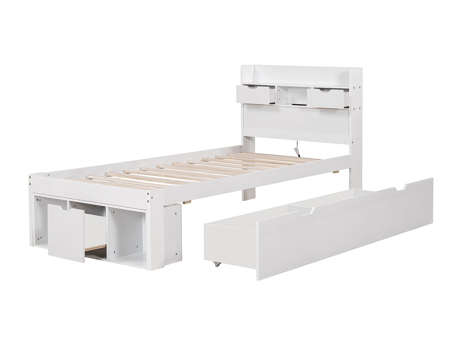 Lit enfant 90x200 cm - avec USB et Type-C, tiroirs, étagères - blanc - sans matelas