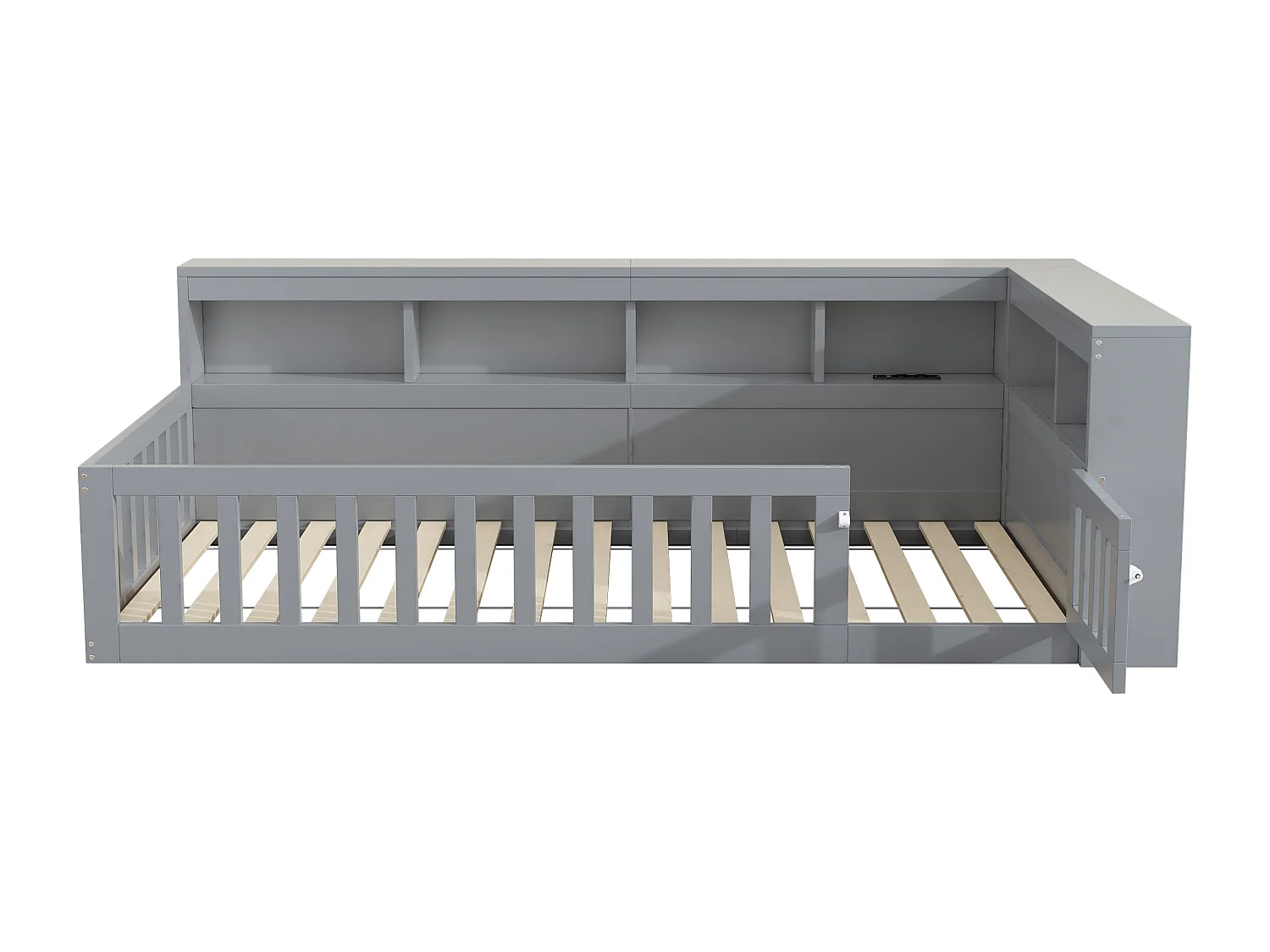 Kinderbed 90x200 cm - Eenpersoonsbed met USB-poort en stopcontacten, opbergplank - grijs - zonder matras