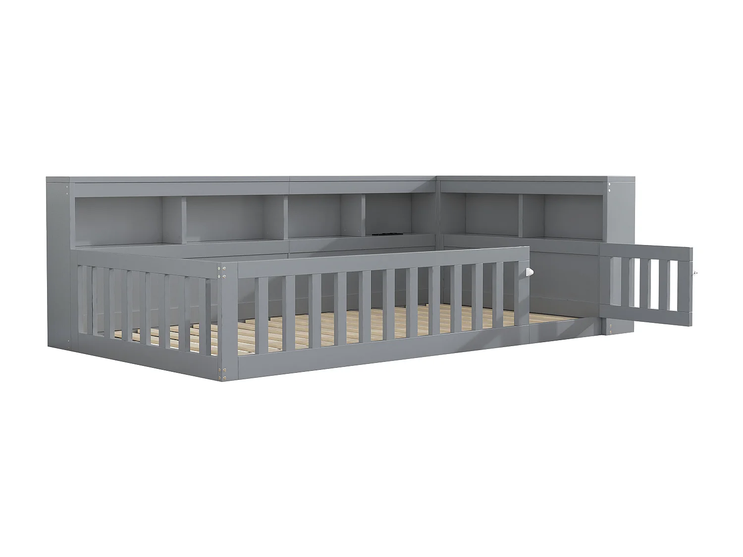 Kinderbed 90x200 cm - Eenpersoonsbed met USB-poort en stopcontacten, opbergplank - grijs - zonder matras