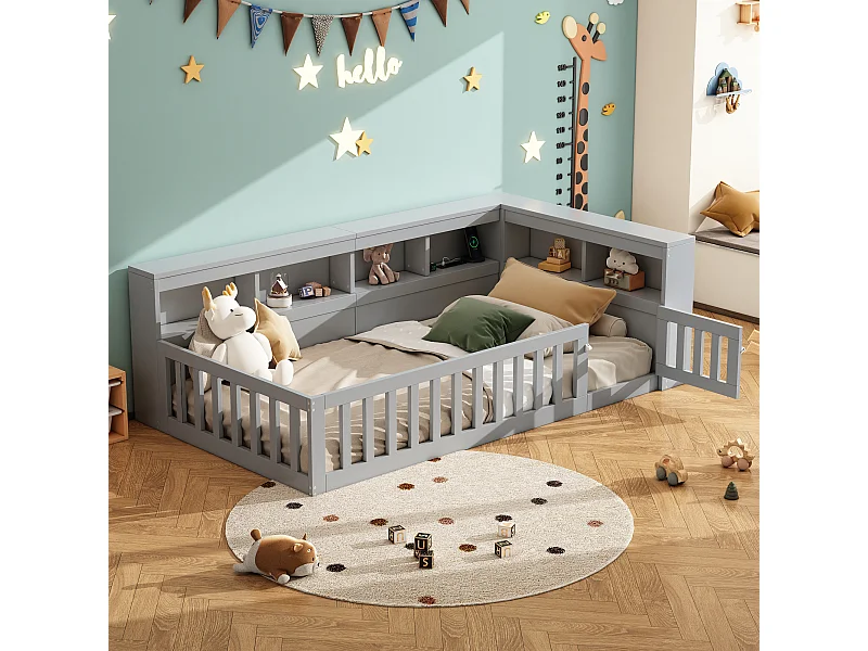 Kinderbed 90x200 cm - Eenpersoonsbed met USB-poort en stopcontacten, opbergplank - grijs - zonder matras