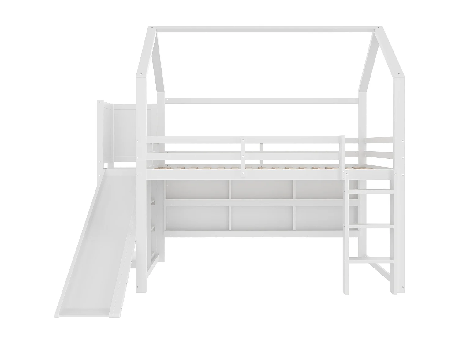 Hochbett 90 x 200 cm – Kinderbett mit LED-Beleuchtung und Regalen – weiße Kiefer – ohne Matratze