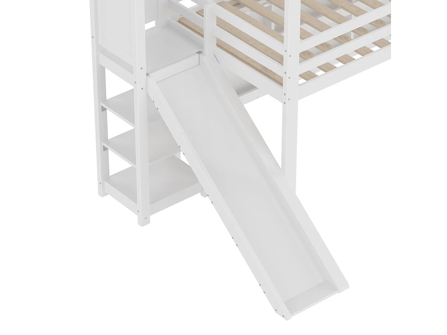 Hochbett 90 x 200 cm – Kinderbett mit LED-Beleuchtung und Regalen – weiße Kiefer – ohne Matratze