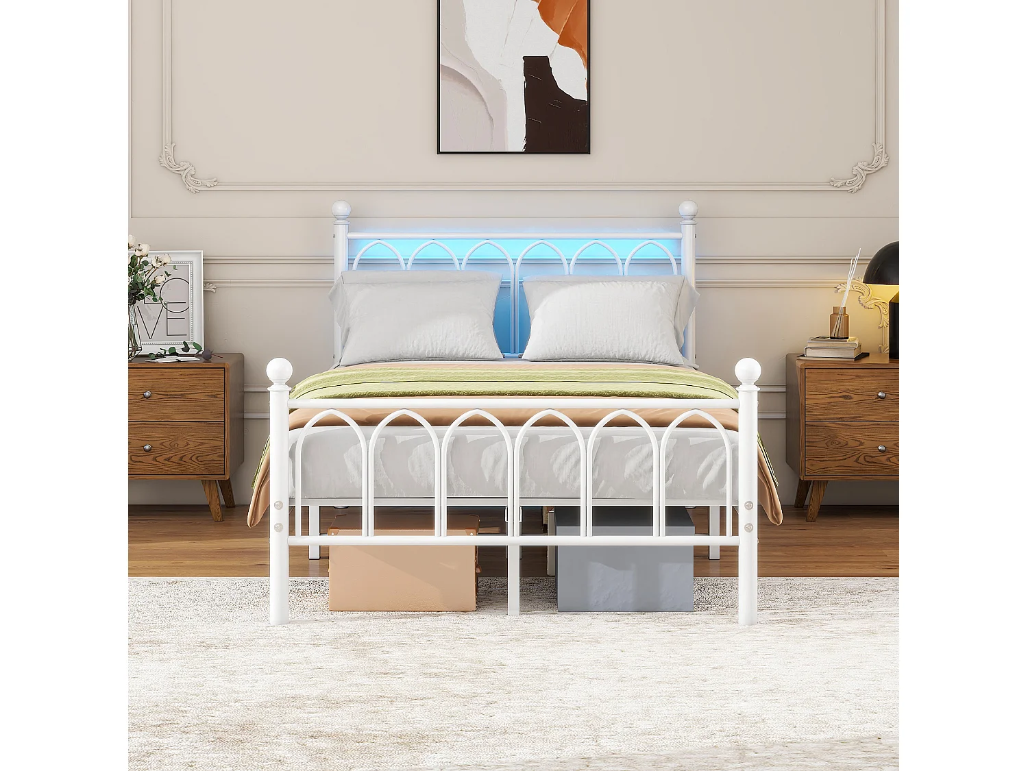 Bett für Erwachsene 120 x 200 cm – Einzelbett mit Ladeanschluss und LED-Beleuchtung – weiß – ohne Matratze