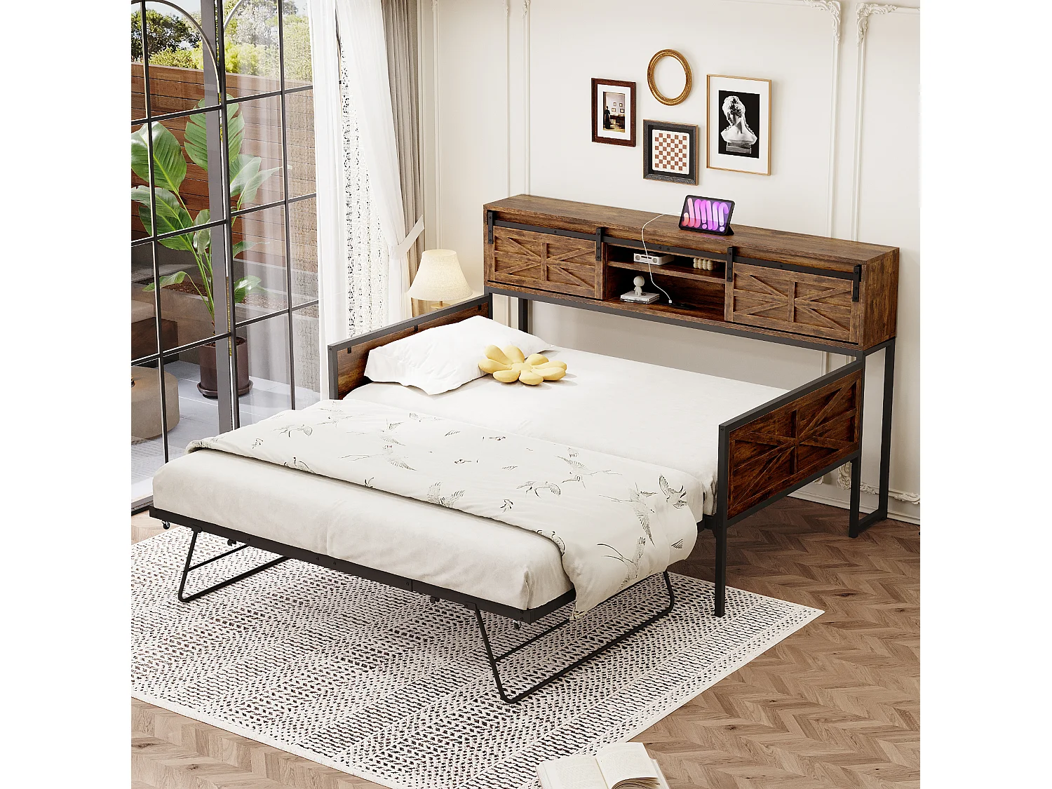 Kinderbed 90x200cm / 90x190cm - Uitschuifbed met multifunctioneel stopcontact en schuifdeur - bruin