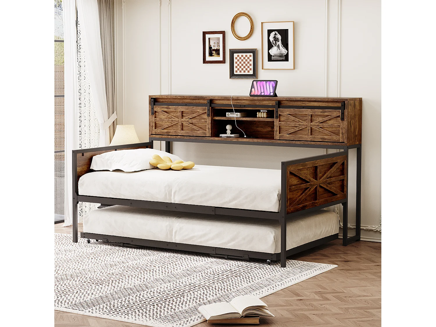 Kinderbed 90x200cm / 90x190cm - Uitschuifbed met multifunctioneel stopcontact en schuifdeur - bruin