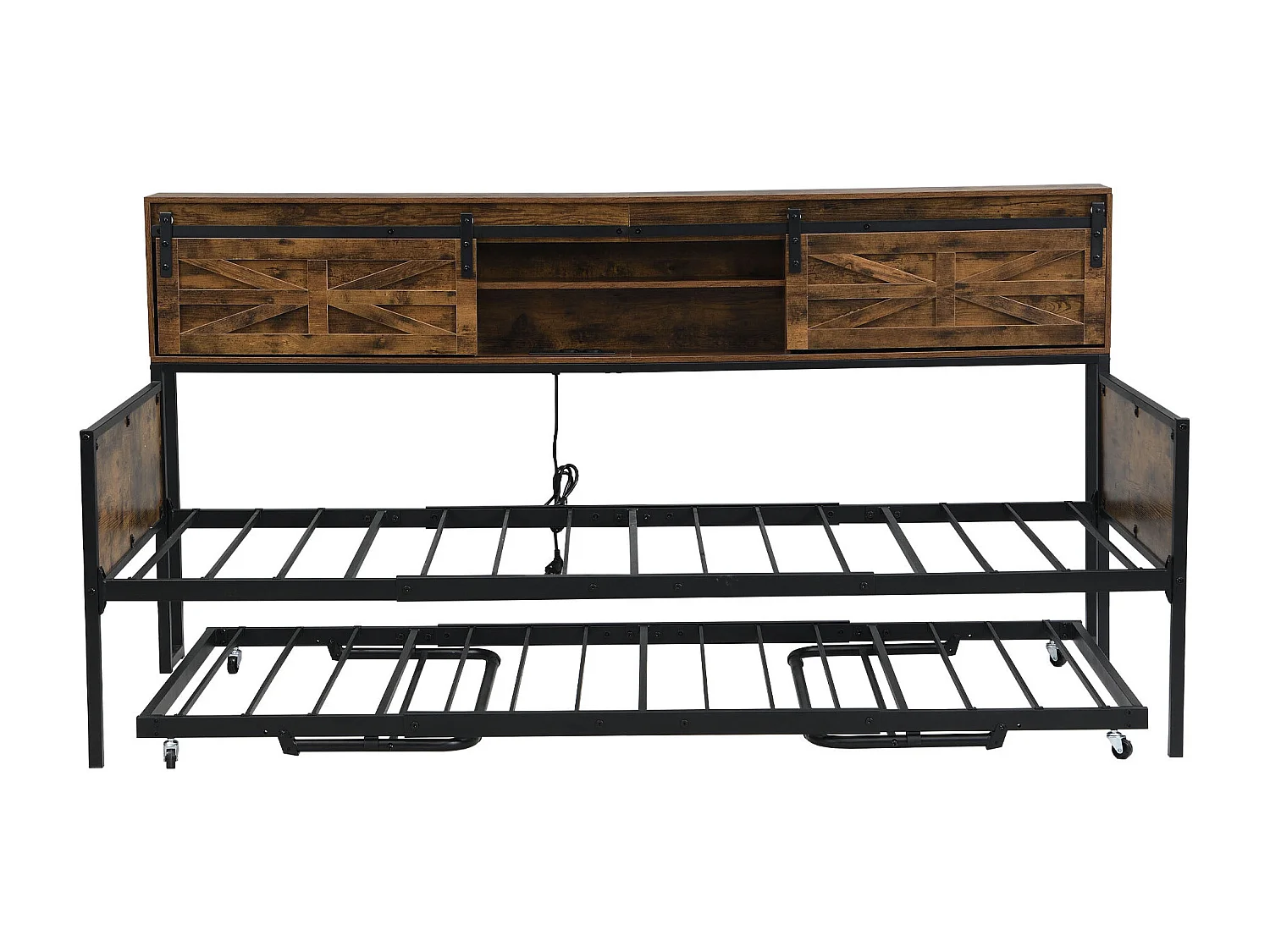 Kinderbed 90x200cm / 90x190cm - Uitschuifbed met multifunctioneel stopcontact en schuifdeur - bruin