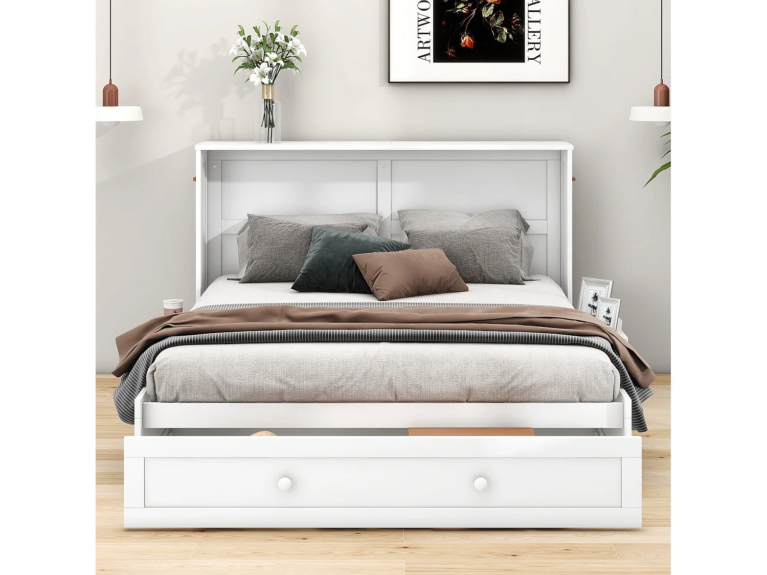 lit adulte 140 x 200 - avec tiroir et étagères - blanc - sans matelas