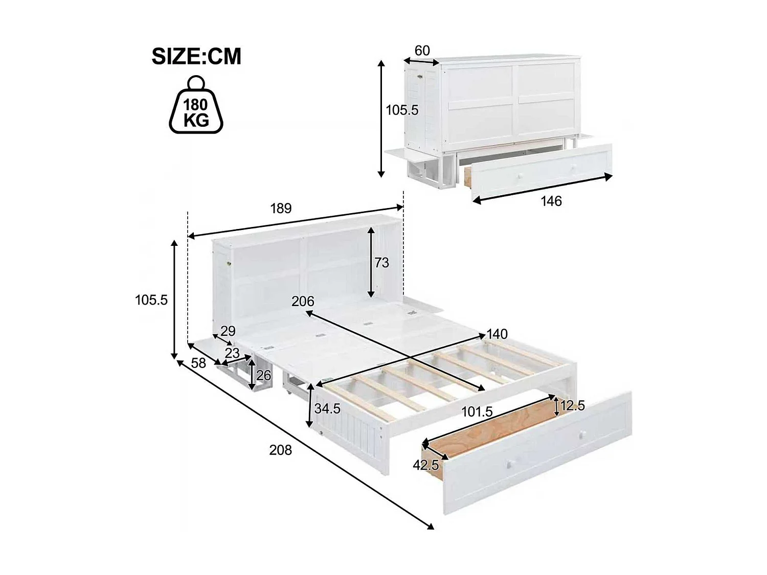 lit adulte 140 x 200 - avec tiroir et étagères - blanc - sans matelas