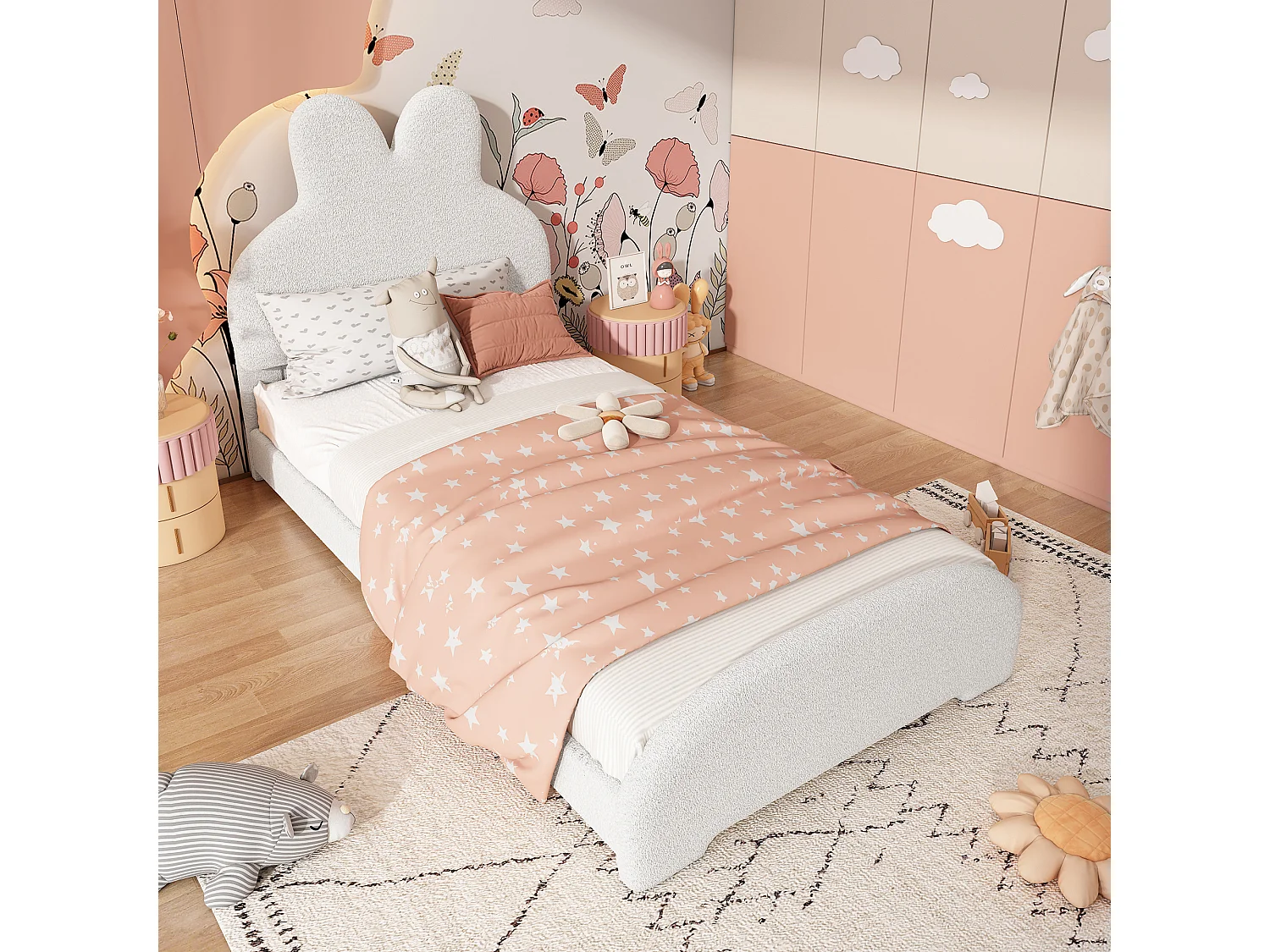 Lit enfant 90x200cm - avec tête de lit, sommier à lattes - velours blanc - sans matelas