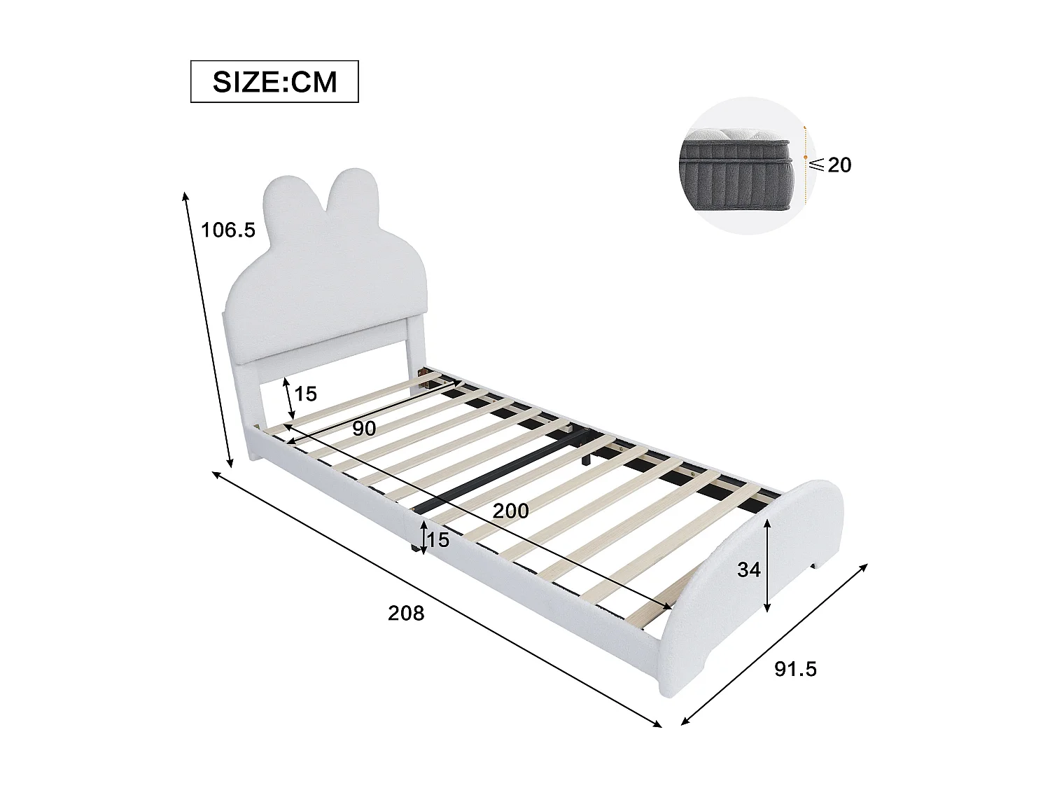 Lit enfant 90x200cm - avec tête de lit, sommier à lattes - velours blanc - sans matelas