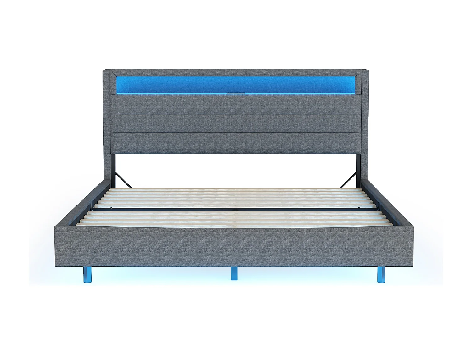 Bett für Erwachsene 140 x 200 cm – mit USB-Anschluss, LED-Beleuchtung, Kopfteil mit Stauraum – graues Leinen – Matratze nicht enthalten