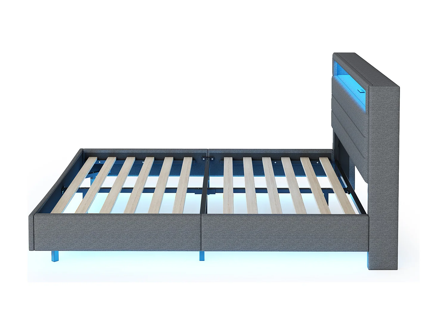 Bett für Erwachsene 140 x 200 cm – mit USB-Anschluss, LED-Beleuchtung, Kopfteil mit Stauraum – graues Leinen – Matratze nicht enthalten