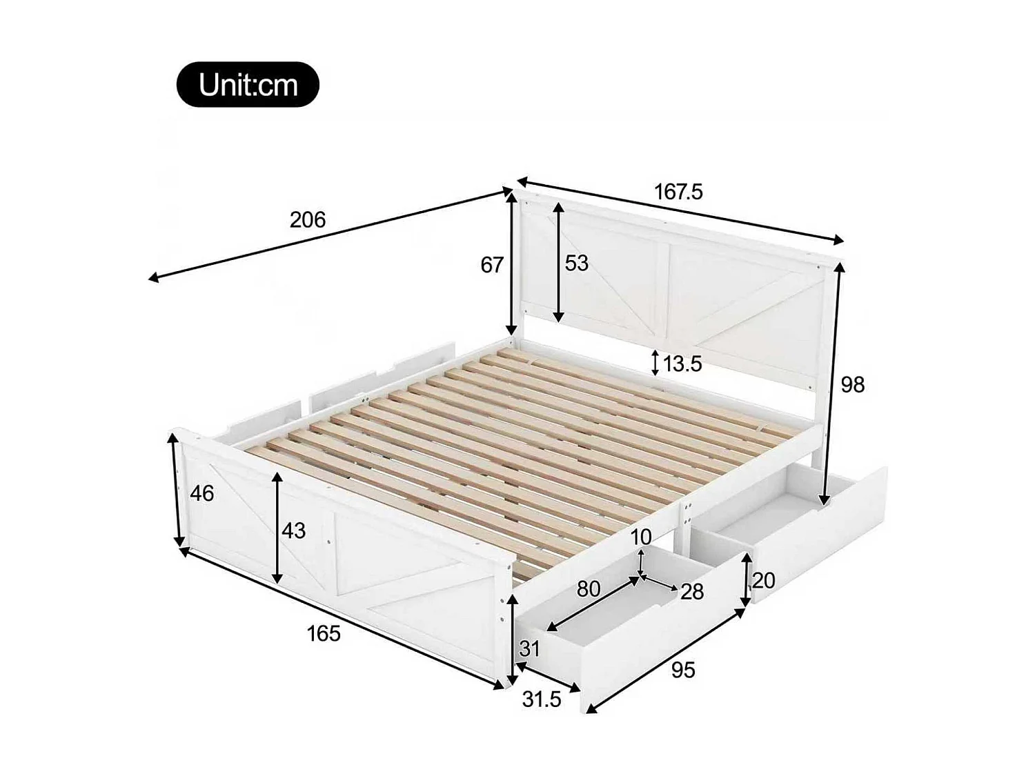 Łóżko dla dorosłych 160x200 cm - łóżko dwuosobowe z 4 szufladami - białe - bez materaca