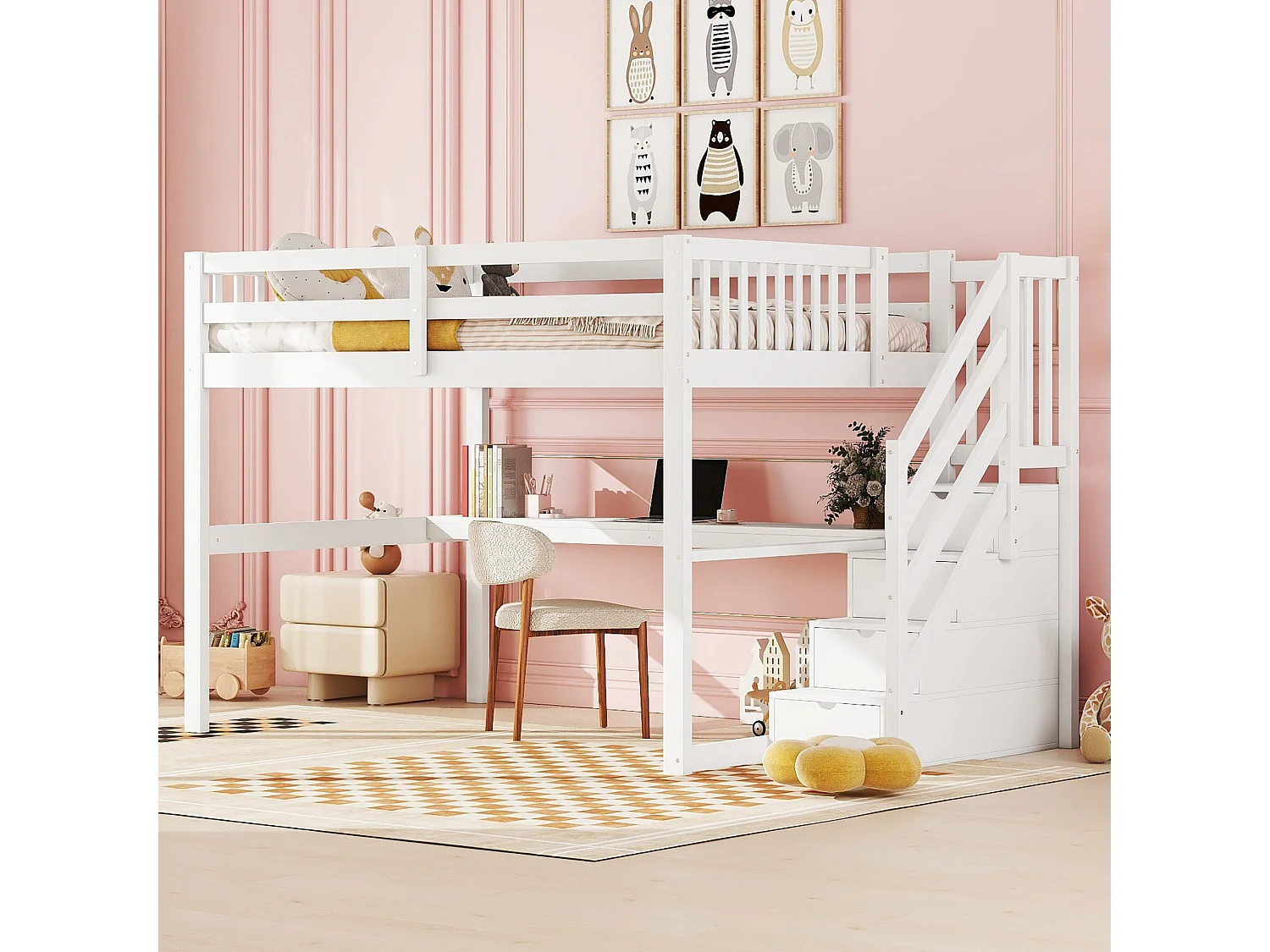 Hochbett 140 x 200 cm – mit Schubladen und Schreibtisch – weiße Kiefer – Matratze nicht enthalten