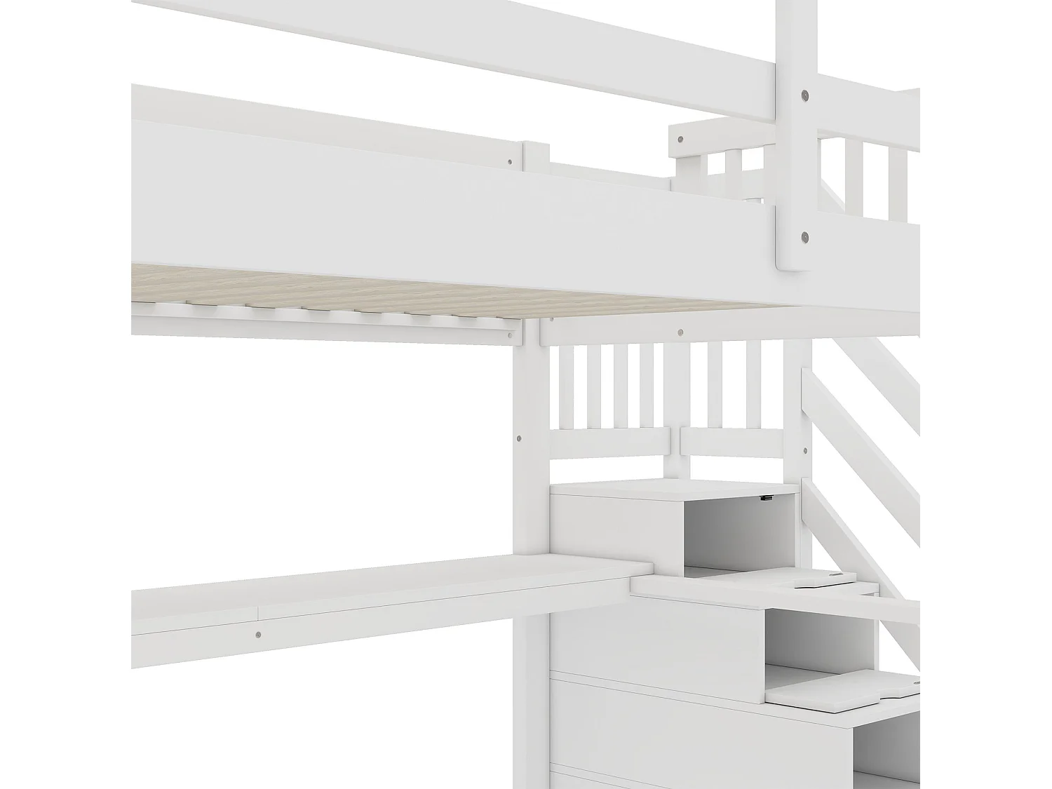 Hochbett 140 x 200 cm – mit Schubladen und Schreibtisch – weiße Kiefer – Matratze nicht enthalten