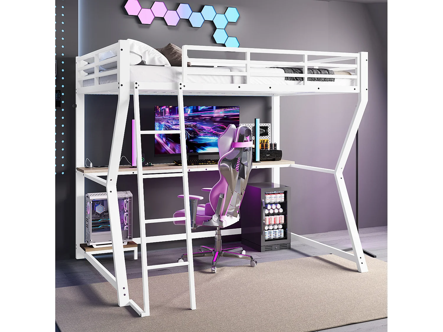 Bett mit erhöhtem Bettgestell 90 x 200 cm – mit LED-Beleuchtung und USB-Anschluss – weißes Metall – ohne Matratze