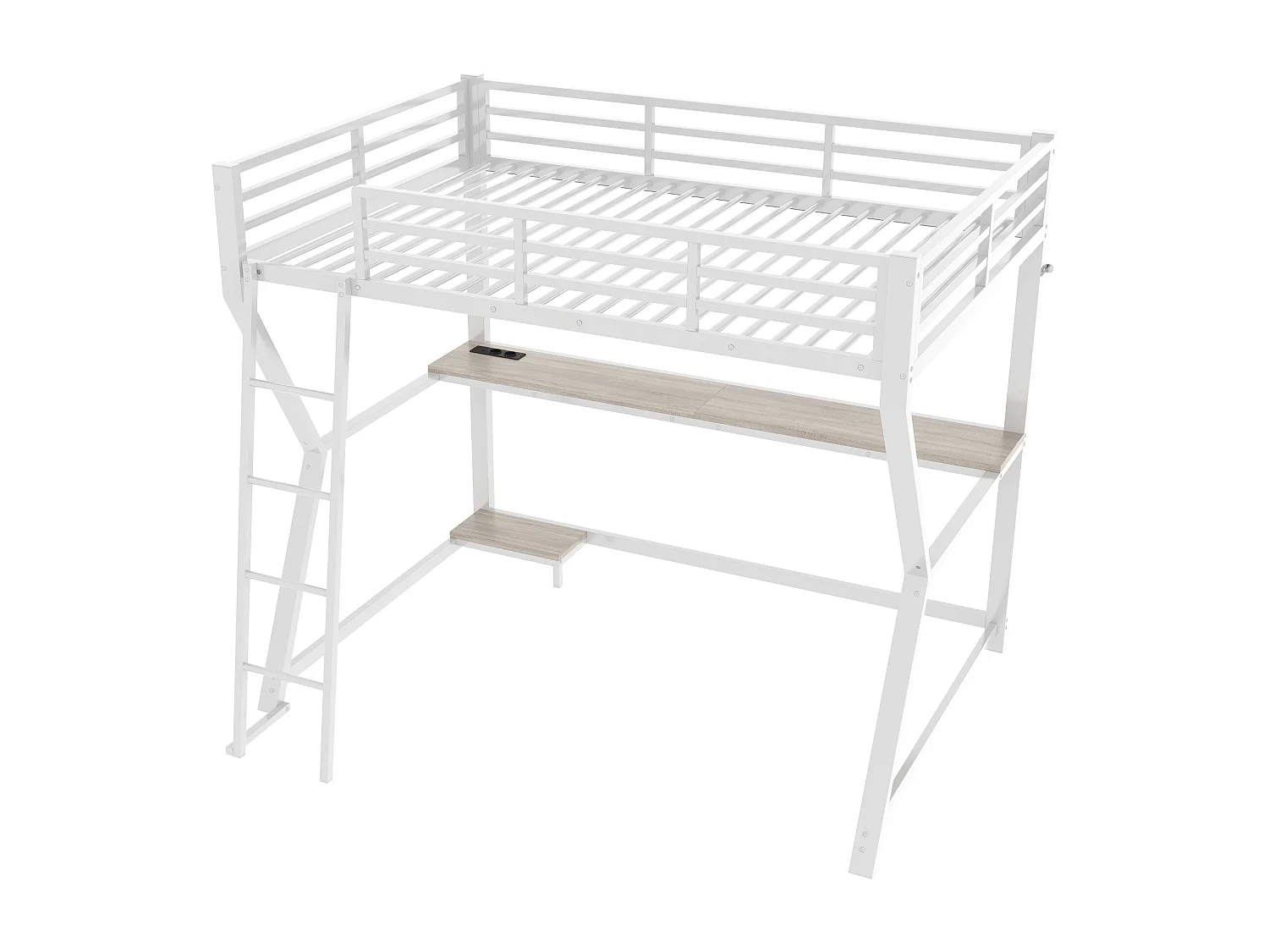 Bett mit erhöhtem Bettgestell 90 x 200 cm – mit LED-Beleuchtung und USB-Anschluss – weißes Metall – ohne Matratze