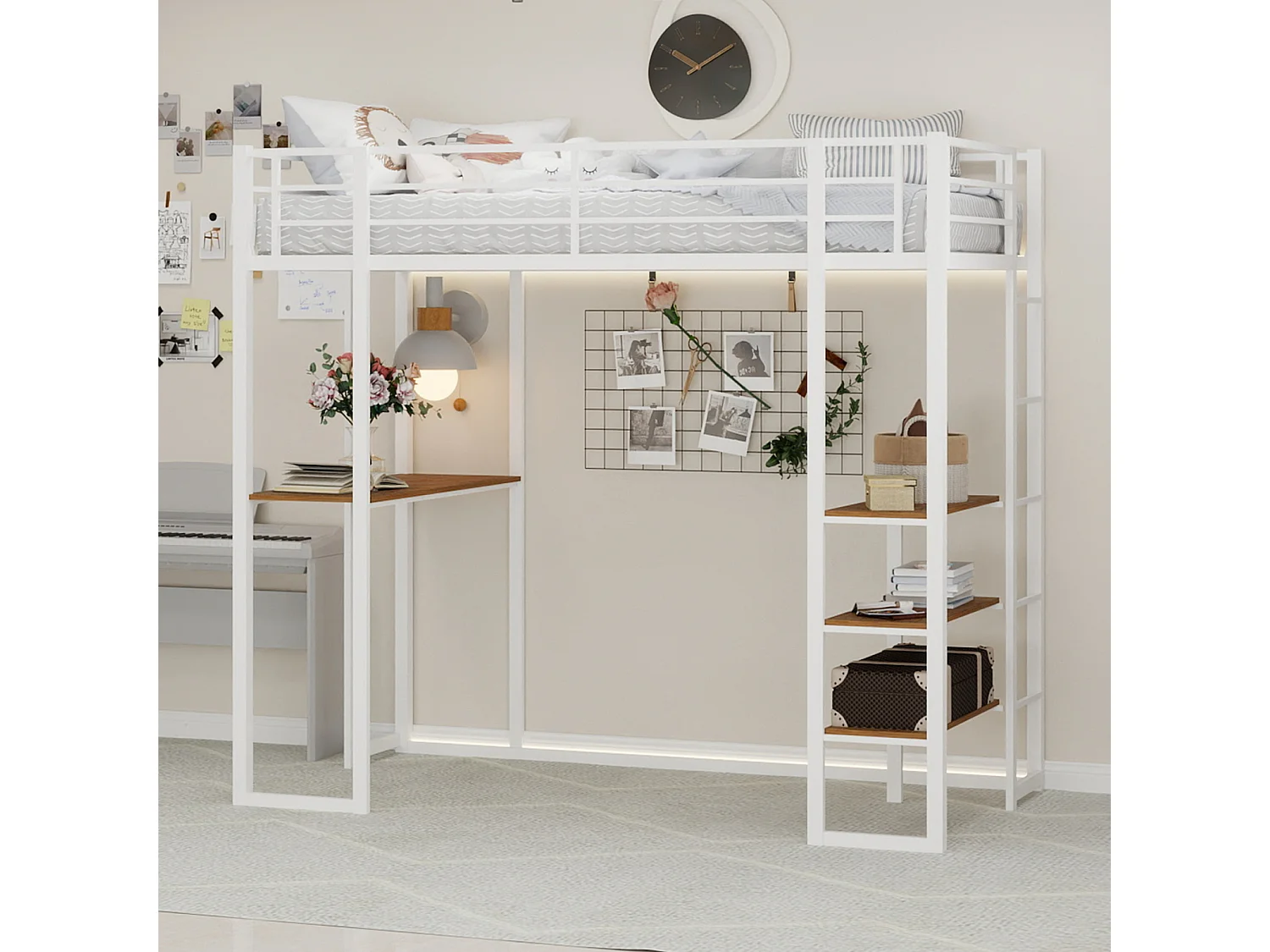 Hoogslaper 90x190 cm - Tienerbed met bureau en opbergplanken - wit - matras niet inbegrepen