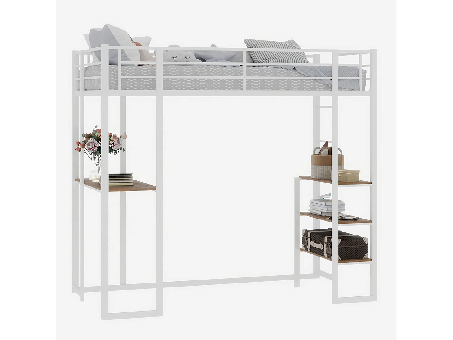 Hoogslaper 90x190 cm - Tienerbed met bureau en opbergplanken - wit - matras niet inbegrepen