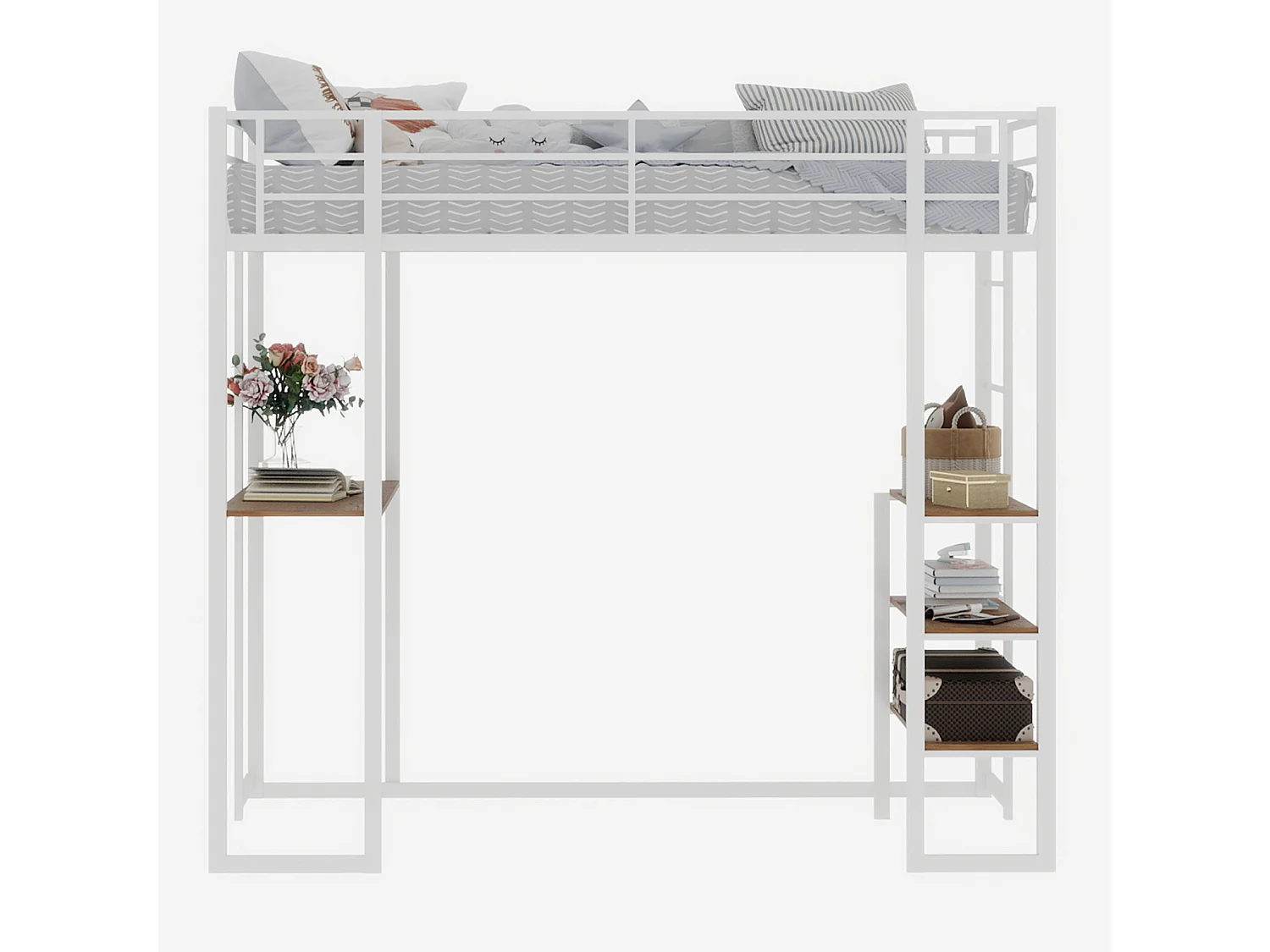 Hoogslaper 90x190 cm - Tienerbed met bureau en opbergplanken - wit - matras niet inbegrepen