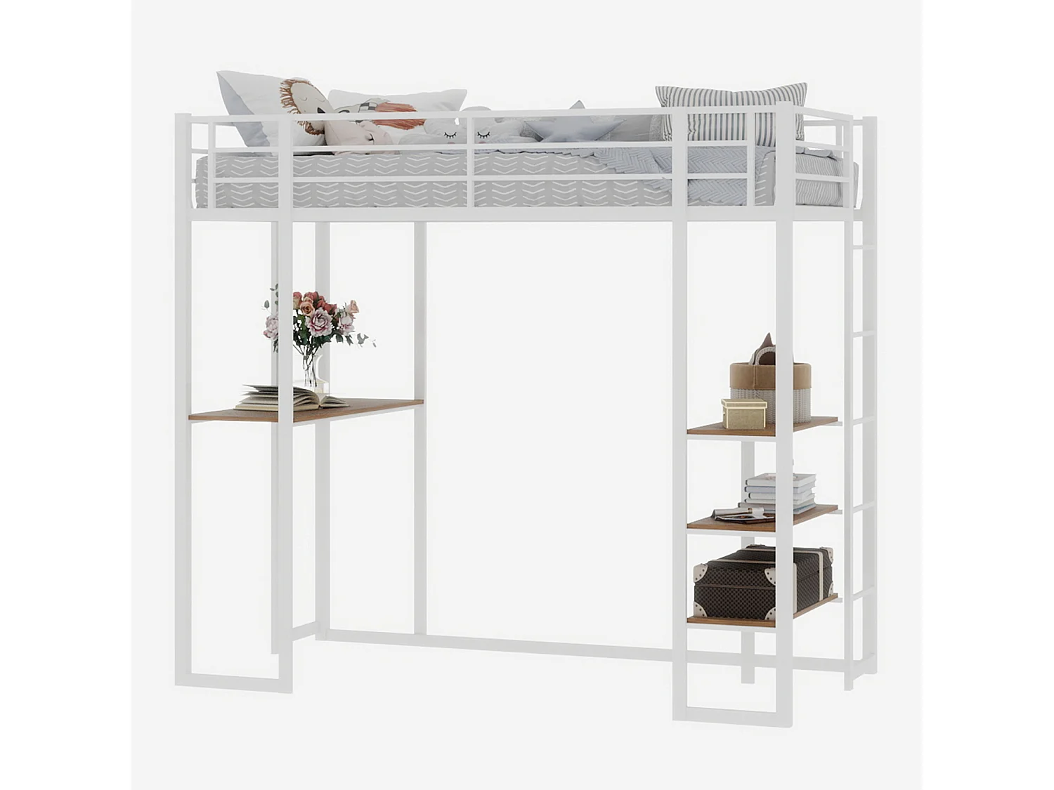 Hoogslaper 90x190 cm - Tienerbed met bureau en opbergplanken - wit - matras niet inbegrepen