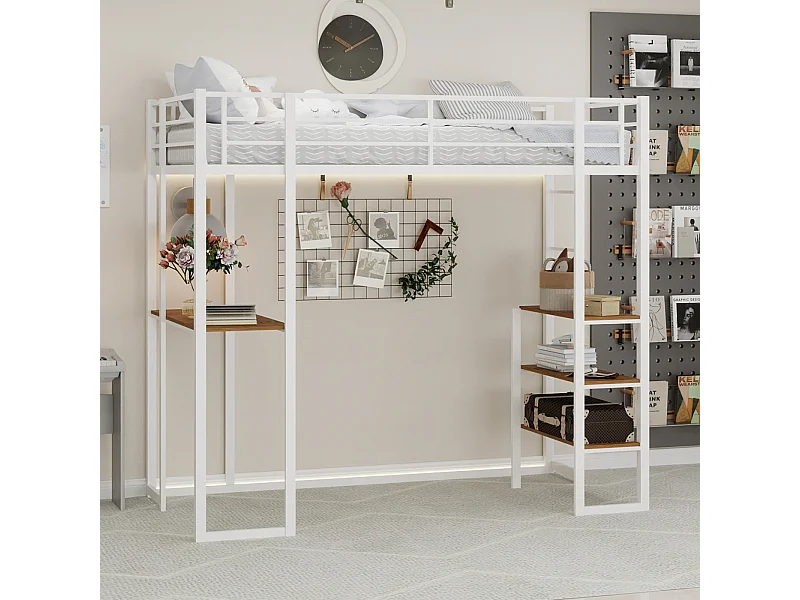 Hoogslaper 90x190 cm - Tienerbed met bureau en opbergplanken - wit - matras niet inbegrepen