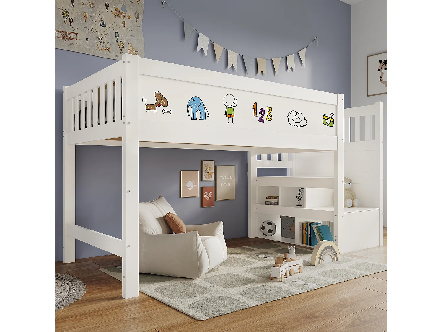 Letto a soppalco 90x200 cm - Letto per bambini con scaletta contenitore e tavolo da disegno - Sponda di sicurezza - bianco - senza materasso