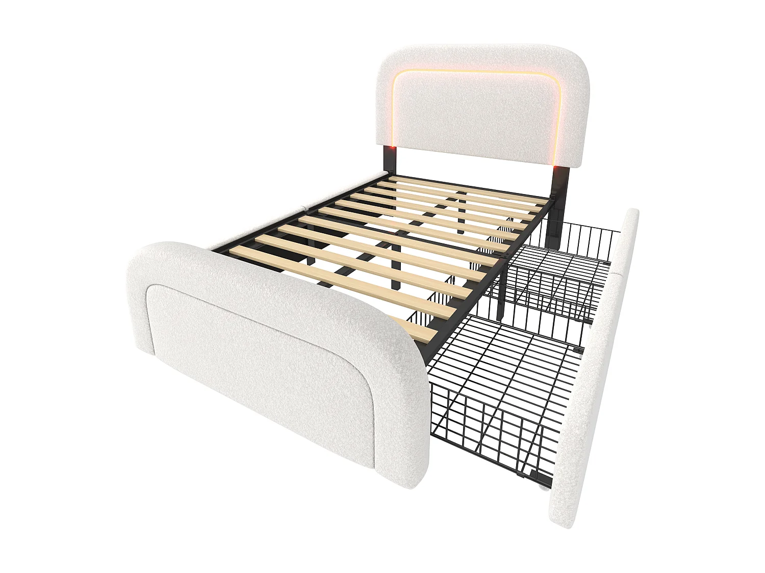 Lit enfant 90x200 cm - USB et Type-C, éclairage LED, 2 tiroirs - velours blanc - matelas inclus
