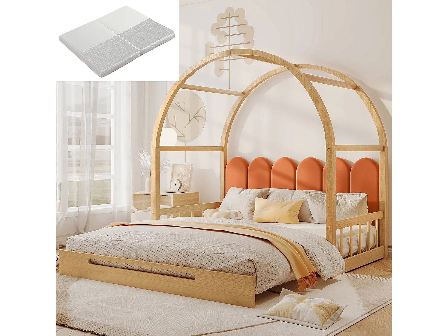 Lit cabane 140x200 cm - lit gigogne avec sommier à lattes - pin naturel et orange - matelas inclus