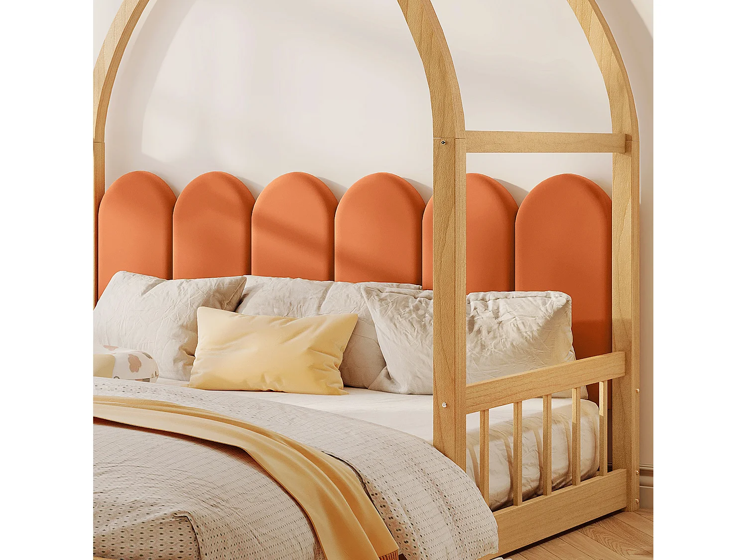 Lit cabane 140x200 cm - lit gigogne avec sommier à lattes - pin naturel et orange - matelas inclus