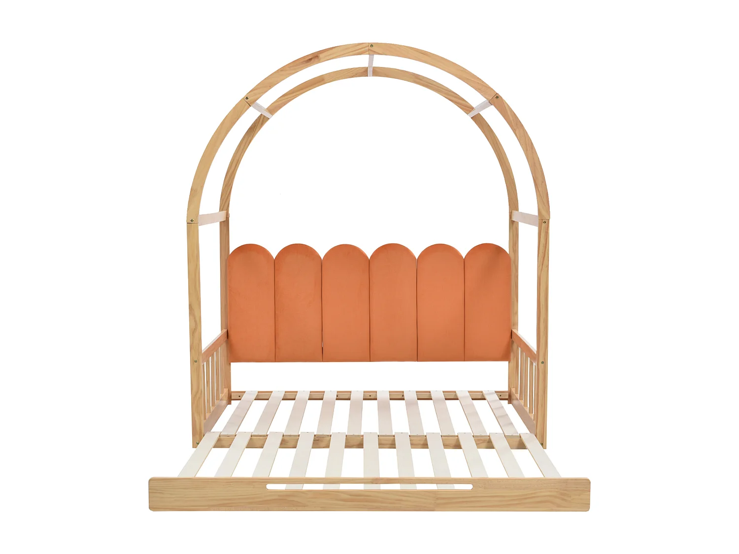 Lit cabane 140x200 cm - lit gigogne avec sommier à lattes - pin naturel et orange - matelas inclus