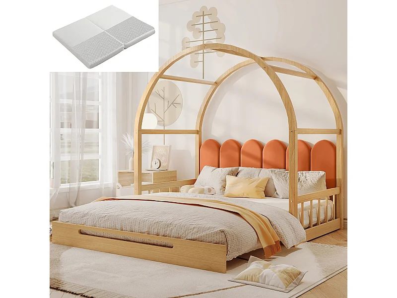 Lit cabane 140x200 cm - lit gigogne avec sommier à lattes - pin naturel et orange - matelas inclus