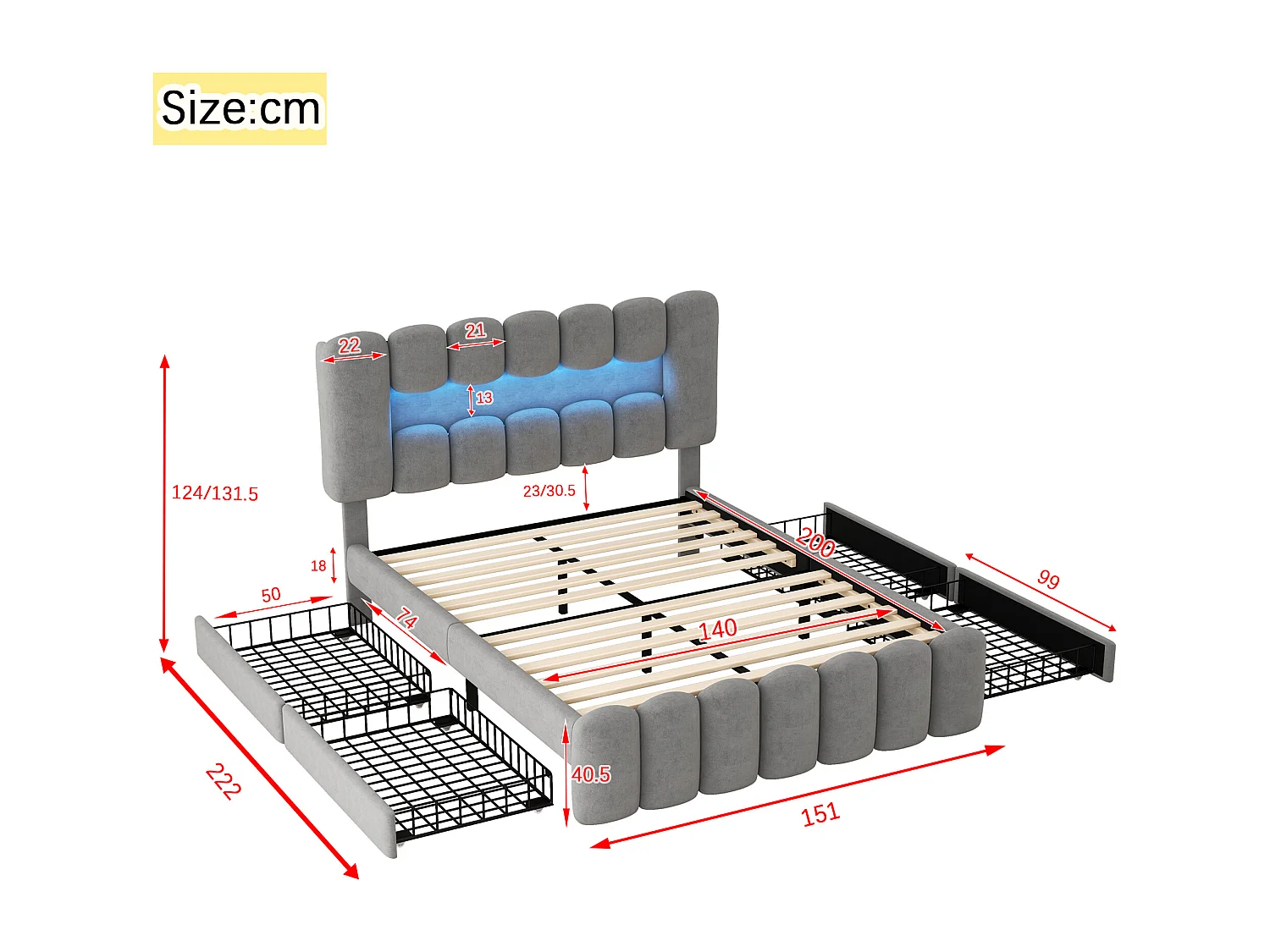 Łóżko dla dorosłych 140x200cm - z 4 szufladami, USB, LED, stelażem, zagłówkiem - aksamitne - szare
