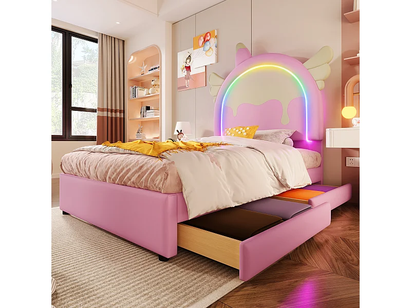 Lit enfant 90 x 200 cm - avec 2 tiroirs - rose - sans matelas