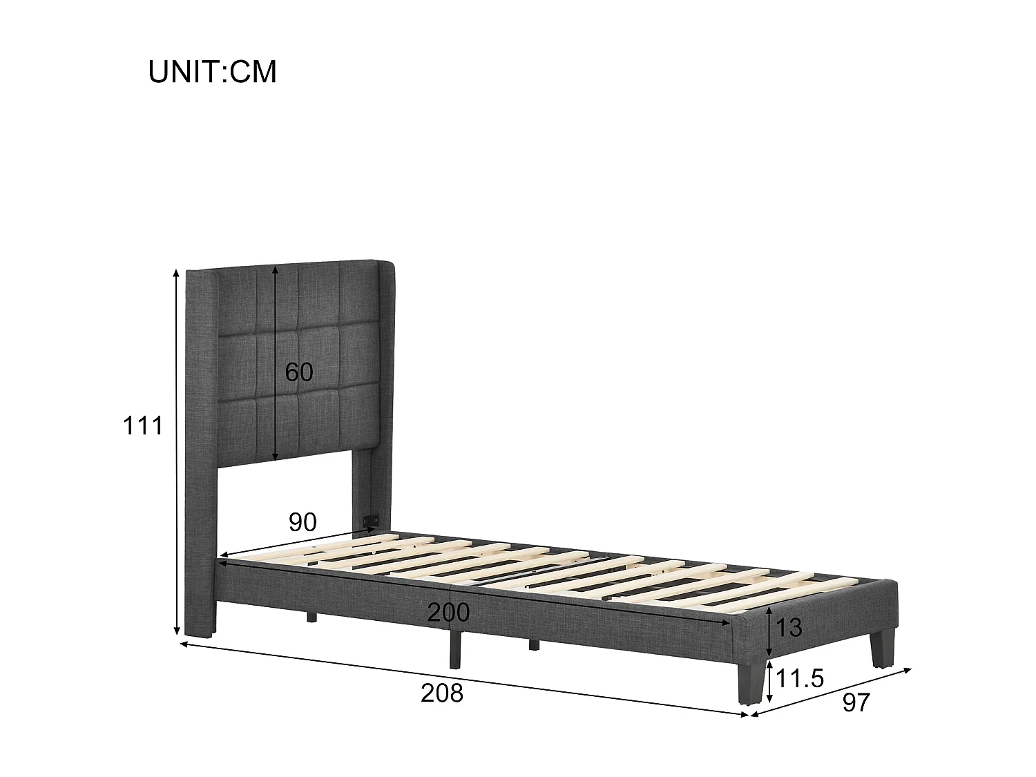 Lit enfant 90x200 cm - avec tête de lit, sommier à lattes - en lin - gris - matelas inclus