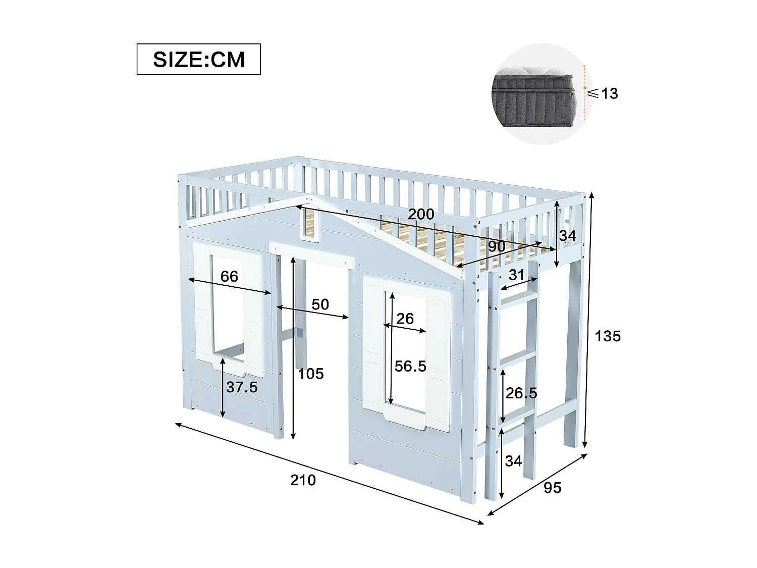 Hoogslaper 90x200cm - Kinderbed met ladder en veiligheidshekjes - wit en blauw - matras niet inbegrepen