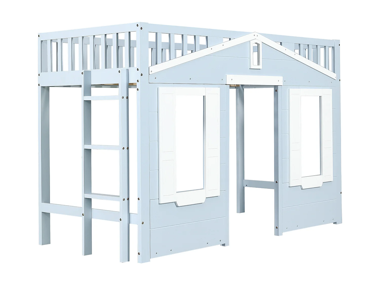 Hoogslaper 90x200cm - Kinderbed met ladder en veiligheidshekjes - wit en blauw - matras niet inbegrepen