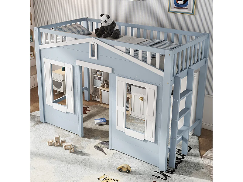 Hoogslaper 90x200cm - Kinderbed met ladder en veiligheidshekjes - wit en blauw - matras niet inbegrepen