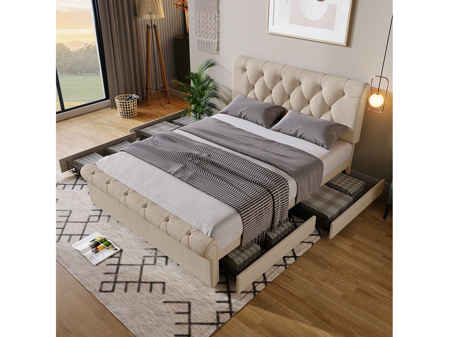 Lit adulte 140x200 cm - Lit double avec tête de lit réglable et 4 tiroirs de rangement - lin - naturel - sans matelas