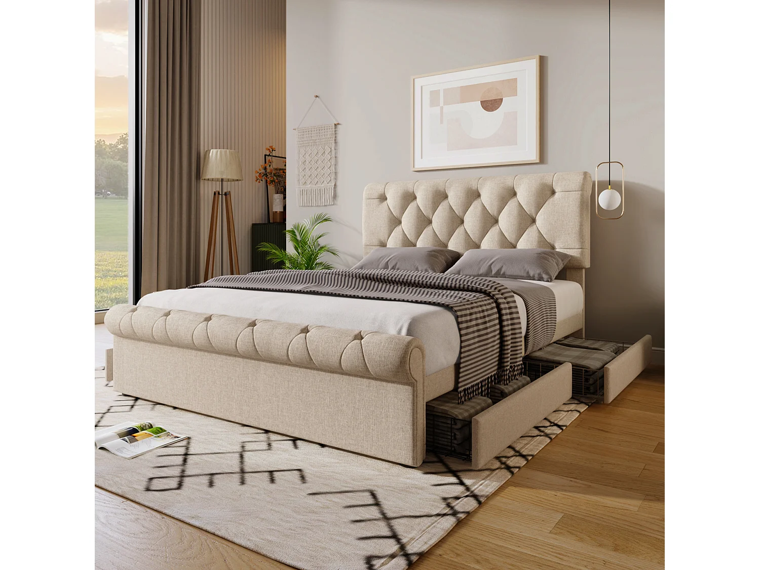 Lit adulte 140x200 cm - Lit double avec tête de lit réglable et 4 tiroirs de rangement - lin - naturel - sans matelas